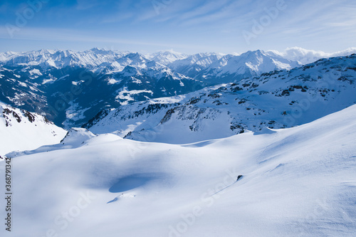 Winter landscape on sunny day at Marchkopf in Hochfügen, Zillertal Austria, European Alps. © Bastian Linder