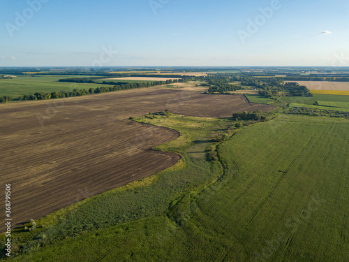 Aerial drone view. Ukrainian agricultural fields in summer.