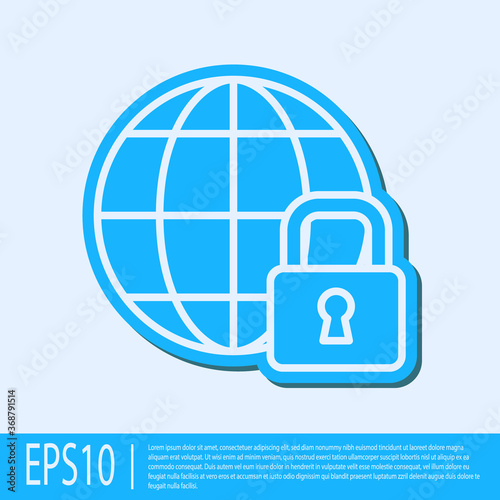 Blue line Global lockdown - locked globe icon isolated on grey background. Vector.