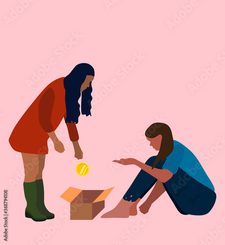 Homeless poor woman sitting on the street.Beggar in dirty torn clothes with a cardboard box for alms. Girl helping mumper with money. Desperation, depression concept. Social problems flat style vector