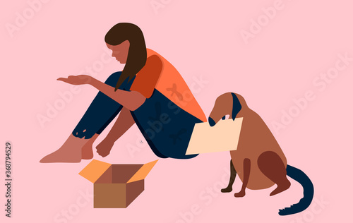 Homeless poor woman sitting on the street. Panhandler in dirty torn clothes with a cardboard box for alms. Pye-dog holding piece of paper. Unwillingness to work. Social problems and issues vector