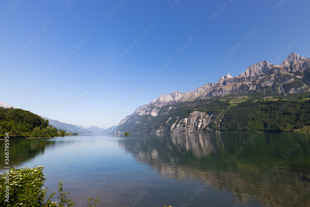 View on Walensee (Lake Walen) near Walenstadt, Switzerland.