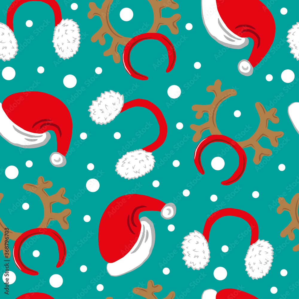 seamlees vector pattern with santa claus hat and deer horns headband on the blue background