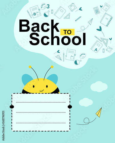 Exercise book cover with happy bee. Cute and funny character holds field for text. Outline school supplies. Notepad for kids, elementary school