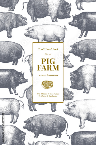 Hand drawn farm animals background. Vector pig design template. Retro hog illustration