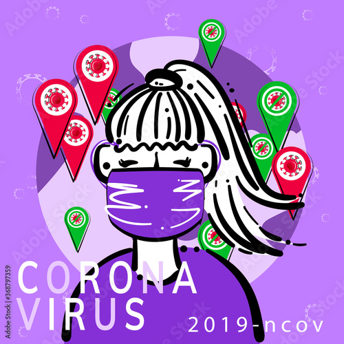 Girl in flu mask reads news on the background Earth map and geo position icon covid-19 virus molecule. Infected areas and recovering regions. Geolocation, epicenter of the infection, point, epidemic.