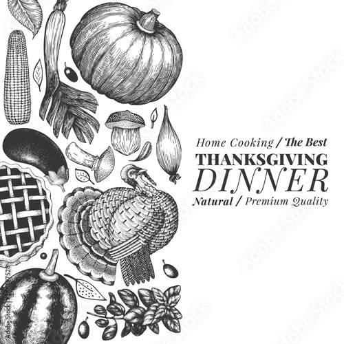 Happy Thanksgiving Day banner. Vector hand drawn illustrations. Greeting Thanksgiving design template in retro style. Autumn background.