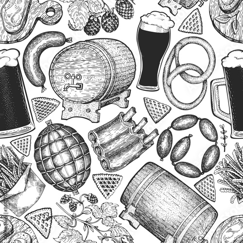Octoberfest seamless pattern. Vector hand drawn illustrations. Greeting Beer festival design in retro style. Autumn background.