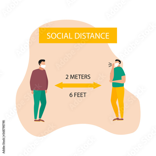 Two persons wearing medicine mask maintain social distaning to prevent from virus spreading. Stop COVID-19. Social distancing, self-quarantine and coronavirus concept. Vector illustration