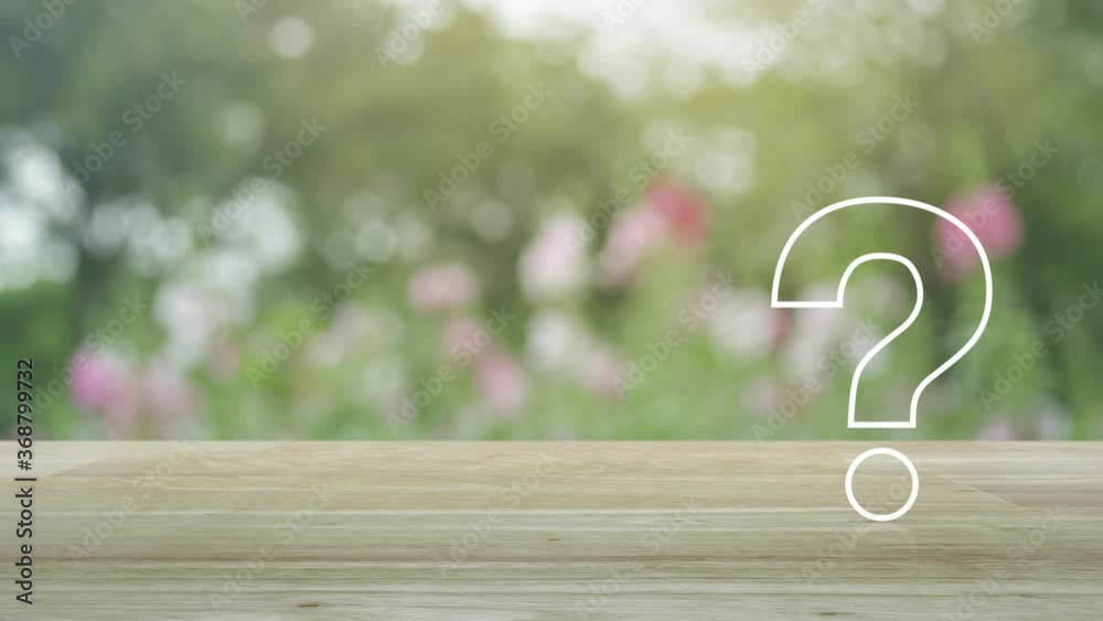 Question mark sign flat icon over blur pink flower and tree in garden ...