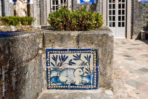 detail of azulejos on the walls of The Palace of the Marquesses of Fronteira in Lisbon, Portugal	
