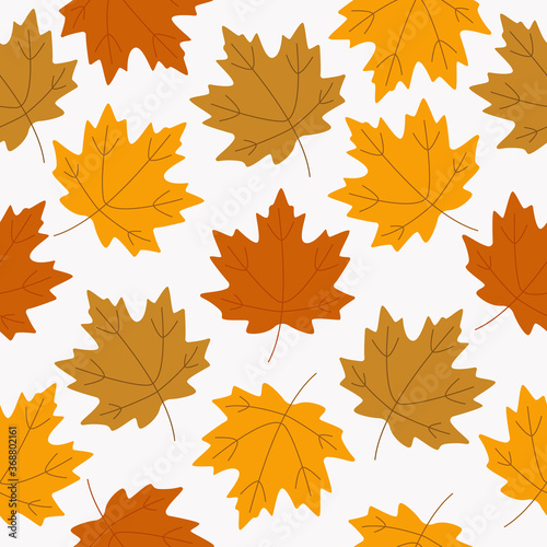 Autumn seamless pattern with  maple leaves yellow and orange colors isolated on white background. Modern seasonal leaves for banners  cards  wallpaper  textile  clothes. Vector flat design