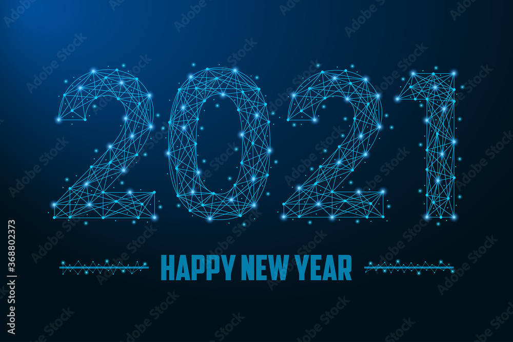 2021 New Year illustration made by points and lines, polygonal wireframe mesh on night sky, dark blue background. Low poly greeting card. Vector. 2021 New Year illustration made by points and lines, polygonal wireframe mesh on night sky, dark blue background. Low poly greeting card. Vector.