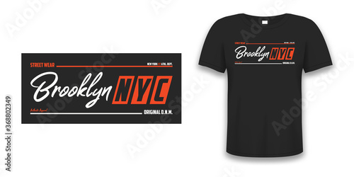 NYC, Brooklyn athletic design for t-shirt with tee shirt mockup. New York typography graphics for sport apparel. Vector illustration.