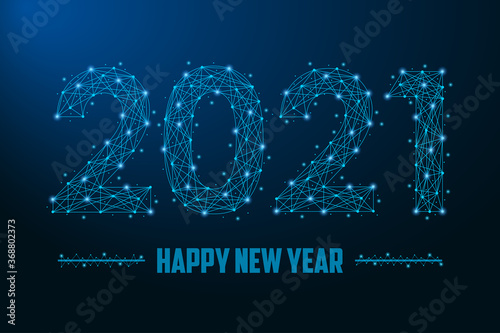 2021 New Year illustration made by points and lines, polygonal wireframe mesh on night sky, dark blue background. Low poly greeting card. Vector.