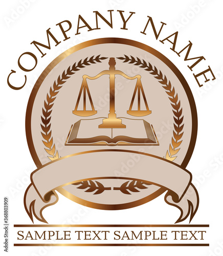 Law or Lawyer Seal - Gold With Scales of Justice and Law Book is an illustration of a lawyer or law office seal or emblem design that includes graphic images of a crest, a banner, scales of justice.