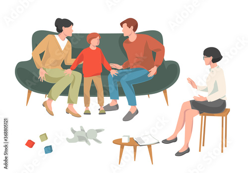 Family psychology and psychotherapy collection.Men and women or married couples with his son - little boy sitting on sofa and talking to psychotherapist or psychologist.