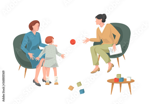 Family psychology and psychotherapy collection.Women and little girl sitting on sofa and talking to psychotherapist or psychologist.