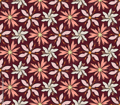 Geometric floral seamless vector pattern, Flowers and leaves botanical garden background texture.