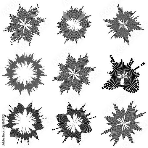 Radial music bars collection. Round musical wave. Abstract sound ripple set. Circular audio effect. Illustration of volume halo or voice pulse. Radio equalizer amplifier icon symbol design.