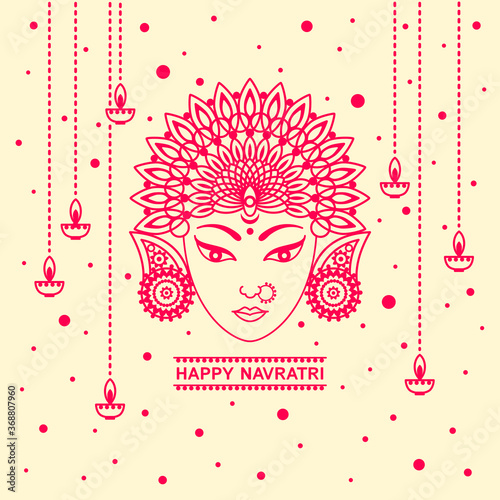Happy Navratri celebration vector greeting card. Modern stylized line illustration, Shubh Navratri simple design elements. Template for posters, banners. Beautiful Maa Durga face, head with lamps. 