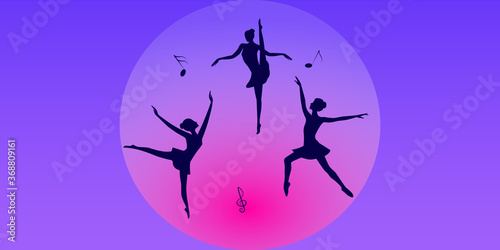Photos Dancers, musical symbols - background lilac pink gradient - vector
