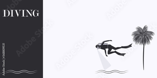 Underwater sport - diver, palm tree - isolated on white background - vector. The banner is horizontal. Business card. Sport Club.