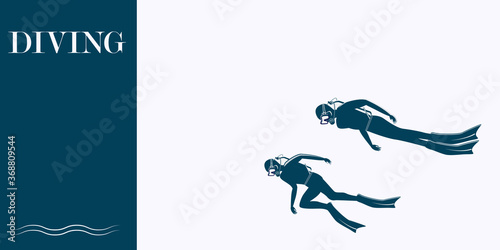 Underwater sport - divers - isolated on white background - vector. The banner is horizontal. Business card. Sport Club.