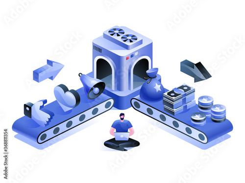 Lead generation. Process of leads production on the conveyor belt. Marketing concept. Lead management, purchase funnel, conversion concept. Vector isometric illustration.