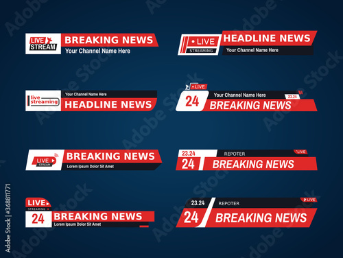 Set Live streaming broadcast logos with breaking news bar. Element for broadcasting or online tv live streaming. Video stream icons.