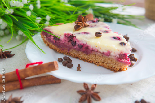Cottage cheese pie with cherries on table. Delicious curd berry dessert