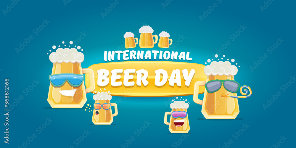 Happy international beer day horizonatal banner with cartoon funny beer glass friends characters with sunglasses isolated on blue background. International beer day cartoon comic poster Happy international beer day horizonatal banner with cartoon funny beer glass friends characters with sunglasses isolated on blue background. International beer day cartoon comic poster