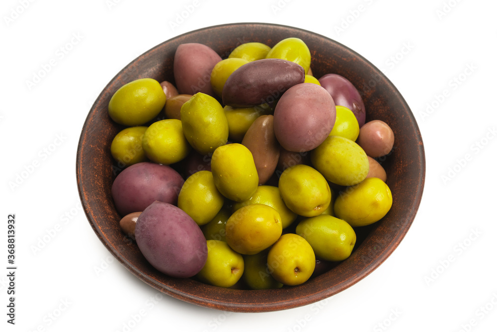 Olives in ceramic brown bowl isolated on white Olives in ceramic brown bowl isolated on white