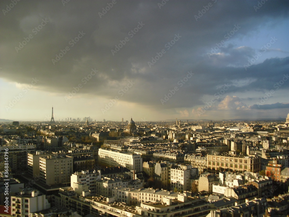 Panoramic view on Paris in the evening light (sun set light) 