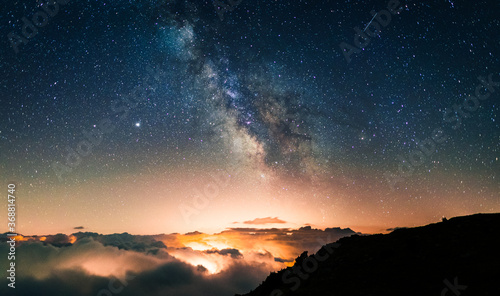 Starry sky above a sea of clouds with the lights of the cities and villages below producing orange light pollution. Night photography of long exposure landscapes with the Milky Way.