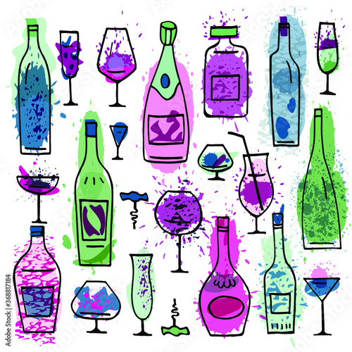 Colorful vector illustration with bottles of alcohol and wine glasses. Hand drawing.