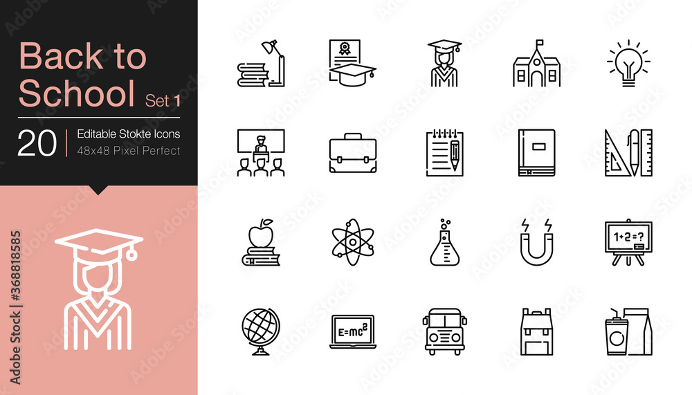 Back to school icons set 1. Modern line design. For presentation, graphic design, mobile application or UI. Editable Stroke. Back to school icons set 1. Modern line design. For presentation, graphic design, mobile application or UI. Editable Stroke.