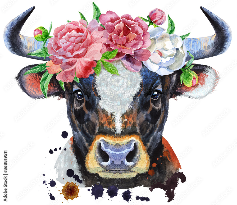 Plakat Watercolor illustration of black bull with white spot in peonies wreath
