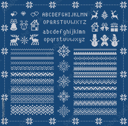Knit font and xmas elements . Christmas seamless border. Vector. Sweater pattern. Fairisle ornament with type, snowflake, deer, bell, tree, snowman, house. Knitted print. Blue textured illustration