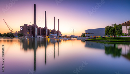 Volkswagen power plant  providing energy for one of the largest manufacturing plants in the world   seen opposite of the Autostadt - VW Automobile Museum in Wolfsburg  Germany.