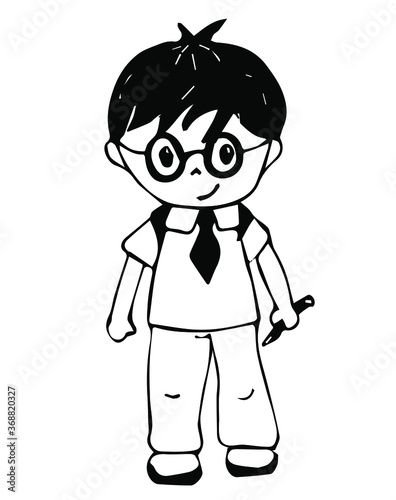 Vector hand-drawn sketch of schoolboy with backpack and pan. School concept 