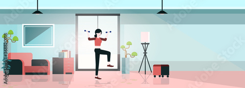 Stay home concept. Women exercising in the house. Home activity vector illustration