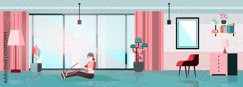 Stay home concept. Women exercising in the house. Home activity vector illustration