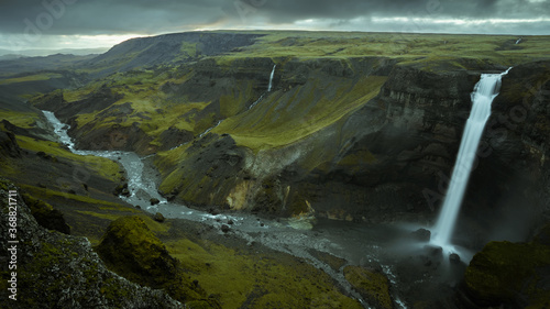 Haifoss waterfall in South Iceland in the dusk. Beautiful nature dramatic moody landscape