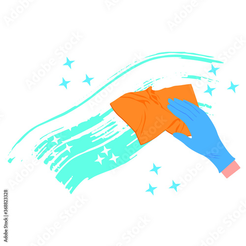 Vector drawing of a gloved hand with a cleaning napkin. Washing of surfaces, glass, windows. Wipe clean with a napkin, cloth, yellow microfiber, blue gloves flat style, design. Disinfection, cleaning,