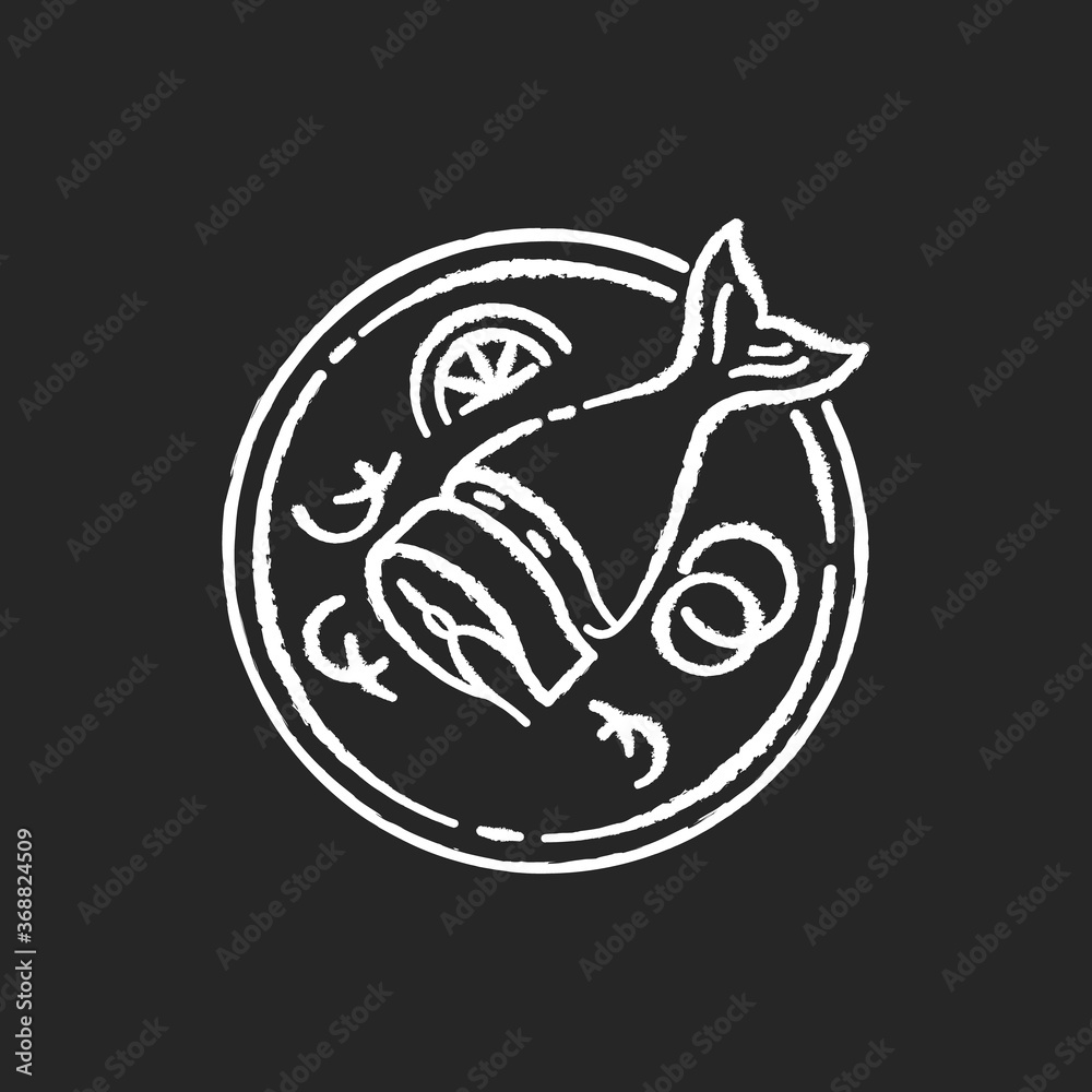 Fototapeta Soused herring chalk white icon on black background. Sliced raw fish. Japanese dish. Salmon piece on crockery. Asian fresh meal for nutrition. Cook lunch. Isolated vector chalkboard illustration