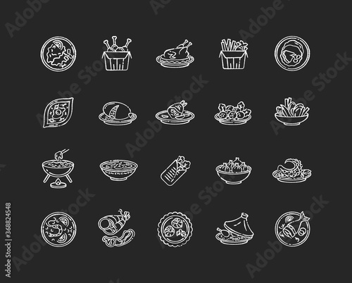 Best national dish chalk white icons set on black background. Traditional meal for tourist attraction. Lunch recipe. French fries. Chinese sea food. Isolated vector chalkboard illustrations