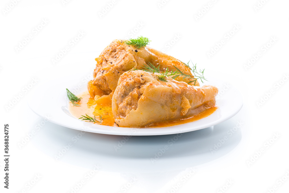 stuffed with meat and rice with roasted pepper sauce