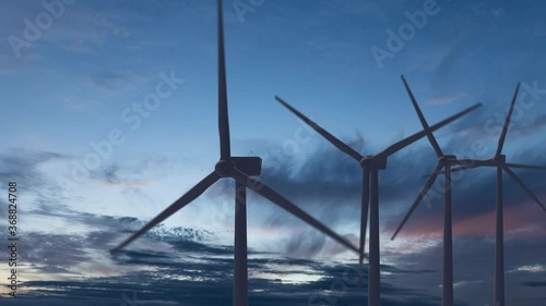 Natural energy Wind turbine 3D rendered in nature background. Concept Green energy, renewable energy and environment photo