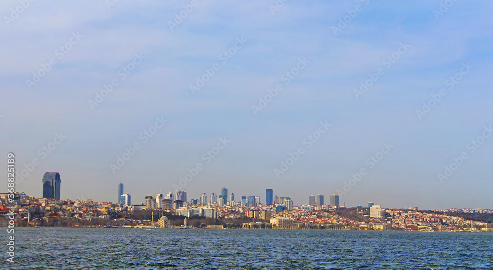 Panoramic view of Istanbul, Bosphorus and Dolmabahce palace, Turkey